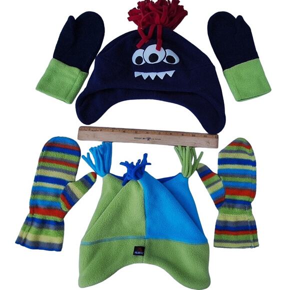 Hanna Andersson Kids  Fleece Hats + Mittens Big Kid L Blue Green Monster - Picture 1 of 6
